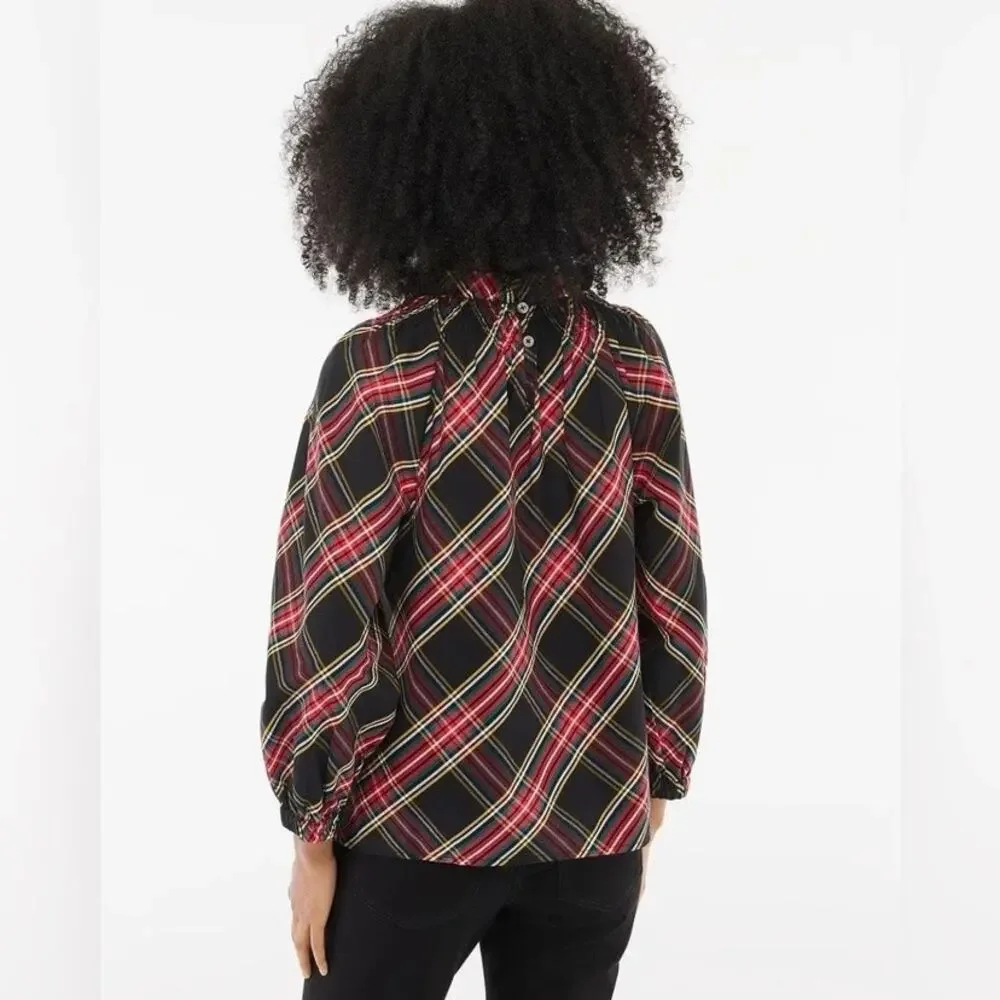 J.Crew Black&Red Holiday Plaid Puff Sleeve Blouse Sz.L NWT